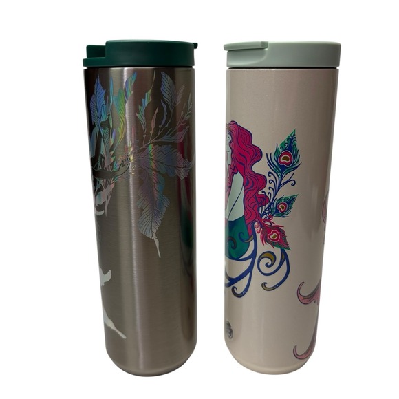 Starbucks Lot of 2 Stainless Steel Travel Tumbler 16 Oz Siren Mermaid Coffee - Picture 4 of 11